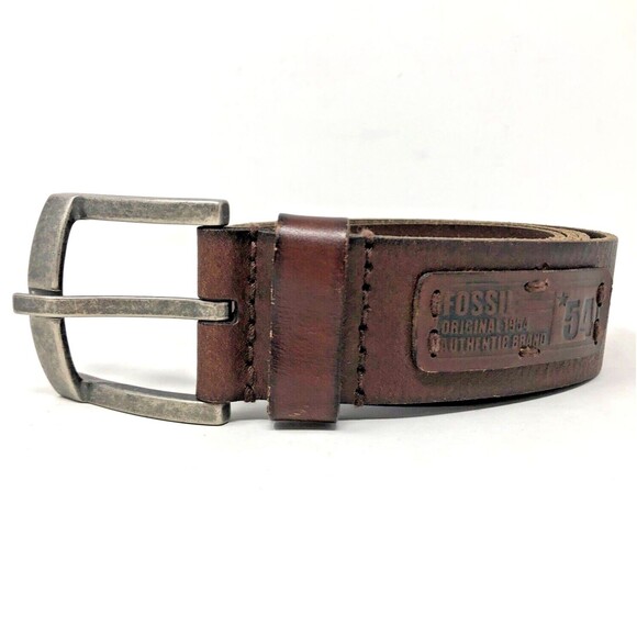 Fossil EVAN Leather Belt Mens Size 44 Logo Patch Brown Full Grain Cowhide - Picture 1 of 11